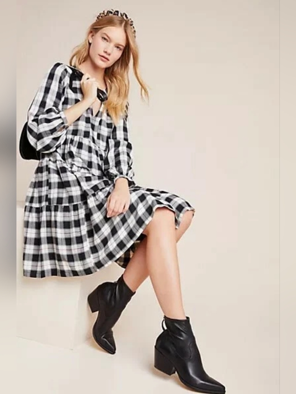 Maeve By Anthroplogie Amber Black & White Plaid Tiered Long Sleeve Dress Size XL